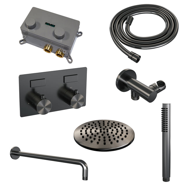 BRAUER Gunmetal Edition thermostatische inbouw regendouche met drukknoppen SET 51 met 20 cm douchekop en gebogen muurarm en staaf handdouche en doucheslang en wandaansluitbocht gunmetal geborsteld PVD