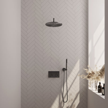 BRAUER Gunmetal Edition thermostatische inbouw regendouche met drukknoppen SET 52 met 30 cm douchekop en gebogen muurarm en staaf handdouche en doucheslang en wandaansluitbocht gunmetal geborsteld PVD