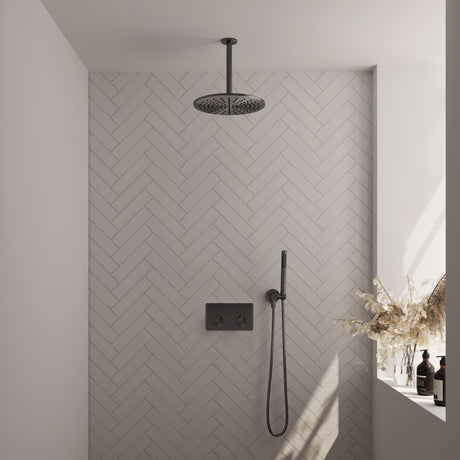 BRAUER Gunmetal Edition thermostatische inbouw regendouche met drukknoppen SET 54 met 30 cm douchekop en plafondarm en staaf handdouche en doucheslang en wandaansluitbocht gunmetal geborsteld PVD