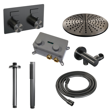 BRAUER Gunmetal Edition thermostatische inbouw regendouche met drukknoppen SET 54 met 30 cm douchekop en plafondarm en staaf handdouche en doucheslang en wandaansluitbocht gunmetal geborsteld PVD