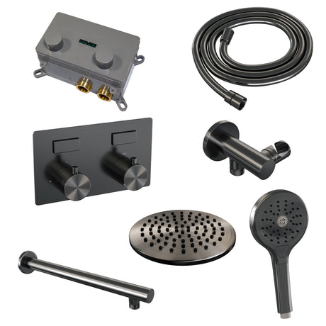 BRAUER Gunmetal Edition thermostatische inbouw regendouche met drukknoppen SET 55 met 20 cm douchekop en rechte muurarm en 3-standen handdouche en doucheslang en wandaansluitbocht gunmetal geborsteld PVD
