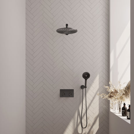 BRAUER Gunmetal Edition thermostatische inbouw regendouche met drukknoppen SET 56 met 30 cm douchekop en rechte muurarm en 3-standen handdouche en doucheslang en wandaansluitbocht gunmetal geborsteld PVD