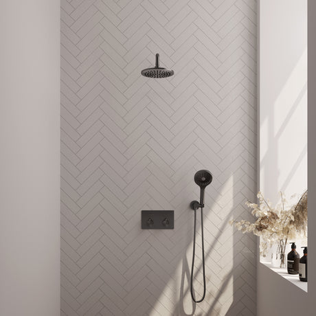 BRAUER Gunmetal Edition thermostatische inbouw regendouche met drukknoppen SET 57 met 20 cm douchekop en gebogen muurarm en 3-standen handdouche en doucheslang en wandaansluitbocht gunmetal geborsteld PVD
