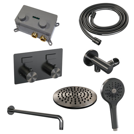 BRAUER Gunmetal Edition thermostatische inbouw regendouche met drukknoppen SET 57 met 20 cm douchekop en gebogen muurarm en 3-standen handdouche en doucheslang en wandaansluitbocht gunmetal geborsteld PVD