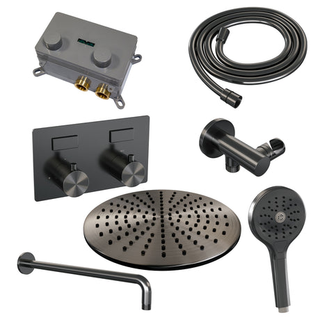 BRAUER Gunmetal Edition thermostatische inbouw regendouche met drukknoppen SET 58 met 30 cm douchekop en gebogen muurarm en 3-standen handdouche en doucheslang en wandaansluitbocht gunmetal geborsteld PVD