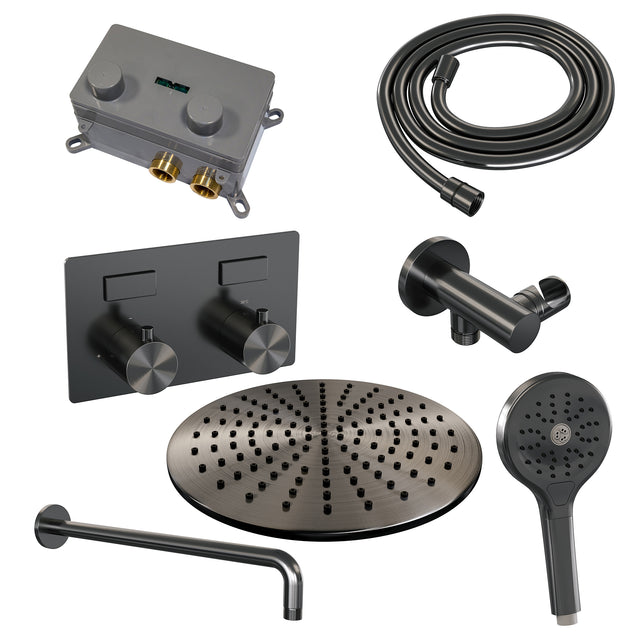 BRAUER Gunmetal Edition thermostatische inbouw regendouche met drukknoppen SET 58 met 30 cm douchekop en gebogen muurarm en 3-standen handdouche en doucheslang en wandaansluitbocht gunmetal geborsteld PVD