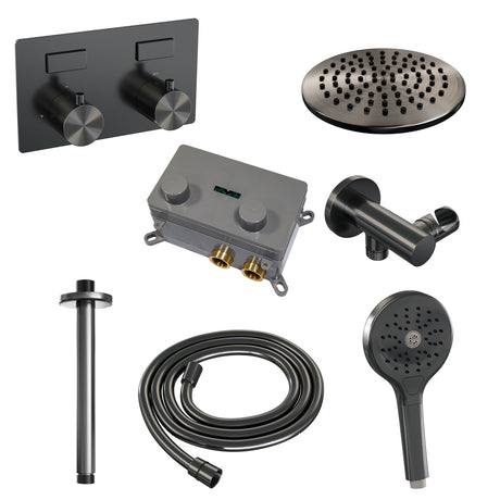 BRAUER Gunmetal Edition thermostatische inbouw regendouche met drukknoppen SET 59 met 20 cm douchekop en plafondarm en 3-standen handdouche en doucheslang en wandaansluitbocht gunmetal geborsteld PVD