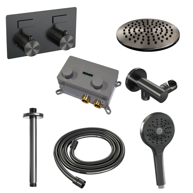 BRAUER Gunmetal Edition thermostatische inbouw regendouche met drukknoppen SET 59 met 20 cm douchekop en plafondarm en 3-standen handdouche en doucheslang en wandaansluitbocht gunmetal geborsteld PVD