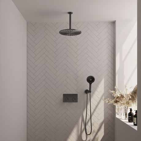 BRAUER Gunmetal Edition thermostatische inbouw regendouche met drukknoppen SET 60 met 30 cm douchekop en plafondarm en 3-standen handdouche en doucheslang en wandaansluitbocht gunmetal geborsteld PVD