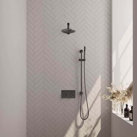 BRAUER Gunmetal Edition thermostatische inbouw regendouche met drukknoppen SET 61 met 20 cm douchekop en rechte muurarm en staaf handdouche en doucheslang en geïntegreerde glijstang gunmetal geborsteld PVD