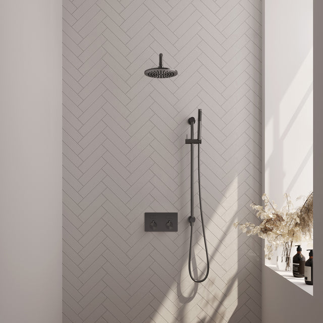 BRAUER Gunmetal Edition thermostatische inbouw regendouche met drukknoppen SET 63 met 20 cm douchekop en gebogen muurarm en staaf handdouche en doucheslang en geïntegreerde glijstang gunmetal geborsteld PVD