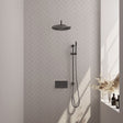 BRAUER Gunmetal Edition thermostatische inbouw regendouche met drukknoppen SET 64 met 30 cm douchekop en gebogen muurarm en staaf handdouche en doucheslang en geïntegreerde glijstang gunmetal geborsteld PVD