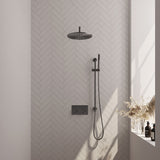 BRAUER Gunmetal Edition thermostatische inbouw regendouche met drukknoppen SET 64 met 30 cm douchekop en gebogen muurarm en staaf handdouche en doucheslang en geïntegreerde glijstang gunmetal geborsteld PVD
