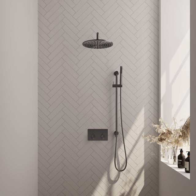 BRAUER Gunmetal Edition thermostatische inbouw regendouche met drukknoppen SET 64 met 30 cm douchekop en gebogen muurarm en staaf handdouche en doucheslang en geïntegreerde glijstang gunmetal geborsteld PVD