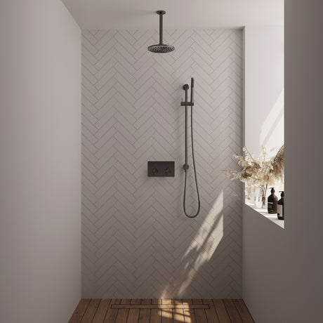 BRAUER Gunmetal Edition thermostatische inbouw regendouche met drukknoppen SET 65 met 20 cm douchekop en plafondarm en staaf handdouche en doucheslang en geïntegreerde glijstang gunmetal geborsteld PVD