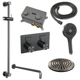 BRAUER Gunmetal Edition thermostatische inbouw regendouche met drukknoppen SET 69 met 20 cm douchekop en gebogen muurarm en 3-standen handdouche en doucheslang en geïntegreerde glijstang gunmetal geborsteld PVD