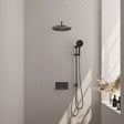 BRAUER Gunmetal Edition thermostatische inbouw regendouche met drukknoppen SET 70 met 30 cm douchekop en gebogen muurarm en 3-standen handdouche en doucheslang en geïntegreerde glijstang gunmetal geborsteld PVD