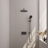 BRAUER Gunmetal Edition thermostatische inbouw regendouche met drukknoppen SET 70 met 30 cm douchekop en gebogen muurarm en 3-standen handdouche en doucheslang en geïntegreerde glijstang gunmetal geborsteld PVD