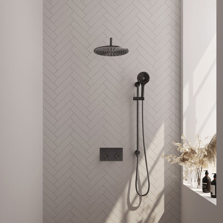 BRAUER Gunmetal Edition thermostatische inbouw regendouche met drukknoppen SET 70 met 30 cm douchekop en gebogen muurarm en 3-standen handdouche en doucheslang en geïntegreerde glijstang gunmetal geborsteld PVD