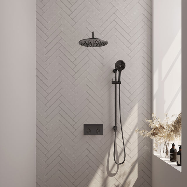 BRAUER Gunmetal Edition thermostatische inbouw regendouche met drukknoppen SET 70 met 30 cm douchekop en gebogen muurarm en 3-standen handdouche en doucheslang en geïntegreerde glijstang gunmetal geborsteld PVD