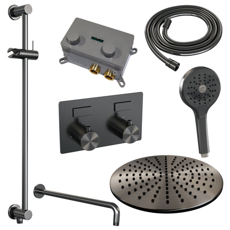BRAUER Gunmetal Edition thermostatische inbouw regendouche met drukknoppen SET 70 met 30 cm douchekop en gebogen muurarm en 3-standen handdouche en doucheslang en geïntegreerde glijstang gunmetal geborsteld PVD