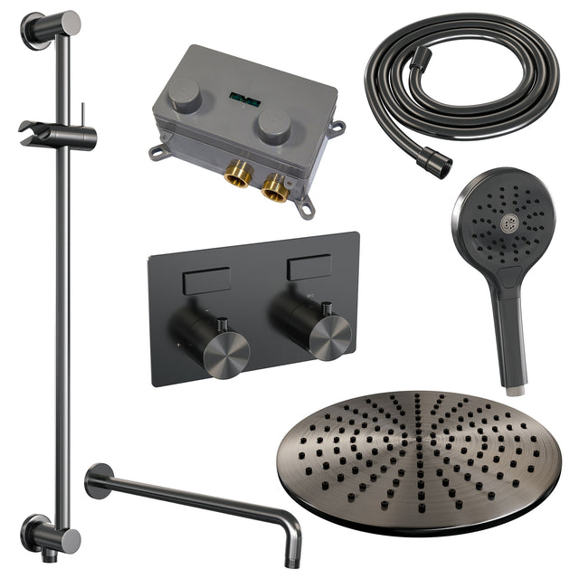 BRAUER Gunmetal Edition thermostatische inbouw regendouche met drukknoppen SET 70 met 30 cm douchekop en gebogen muurarm en 3-standen handdouche en doucheslang en geïntegreerde glijstang gunmetal geborsteld PVD