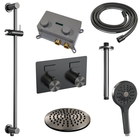 BRAUER Gunmetal Edition thermostatische inbouw regendouche met drukknoppen SET 71 met 20 cm douchekop en plafondarm en 3-standen handdouche en doucheslang en geïntegreerde glijstang gunmetal geborsteld PVD