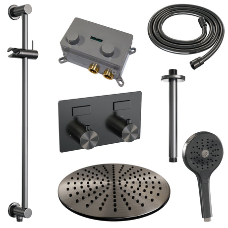 BRAUER Gunmetal Edition thermostatische inbouw regendouche met drukknoppen SET 72 met 30 cm douchekop en plafondarm en 3-standen handdouche en doucheslang en geïntegreerde glijstang gunmetal geborsteld PVD