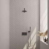 BRAUER Gunmetal Carving thermostatische inbouw regendouche met drukknoppen SET 49 met 20 cm douchekop en rechte muurarm en staaf handdouche en doucheslang en wandaansluitbocht gunmetal geborsteld PVD