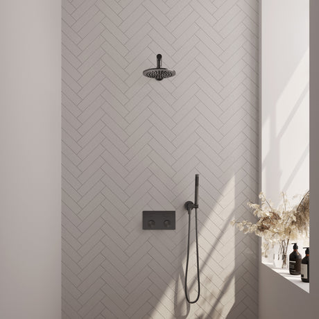 BRAUER Gunmetal Carving thermostatische inbouw regendouche met drukknoppen SET 49 met 20 cm douchekop en rechte muurarm en staaf handdouche en doucheslang en wandaansluitbocht gunmetal geborsteld PVD