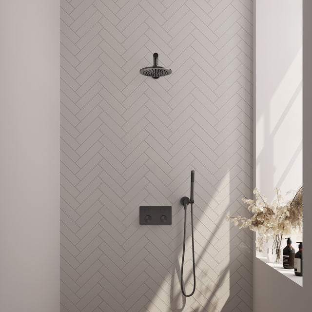 BRAUER Gunmetal Carving thermostatische inbouw regendouche met drukknoppen SET 49 met 20 cm douchekop en rechte muurarm en staaf handdouche en doucheslang en wandaansluitbocht gunmetal geborsteld PVD