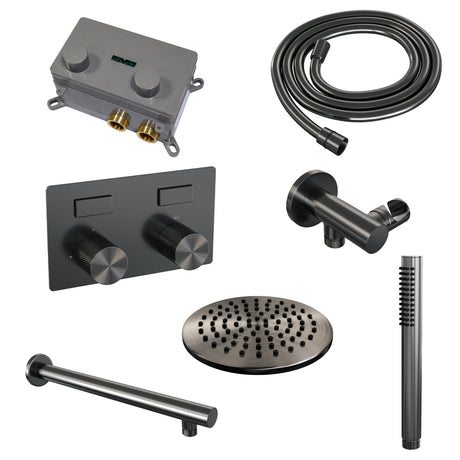 BRAUER Gunmetal Carving thermostatische inbouw regendouche met drukknoppen SET 49 met 20 cm douchekop en rechte muurarm en staaf handdouche en doucheslang en wandaansluitbocht gunmetal geborsteld PVD