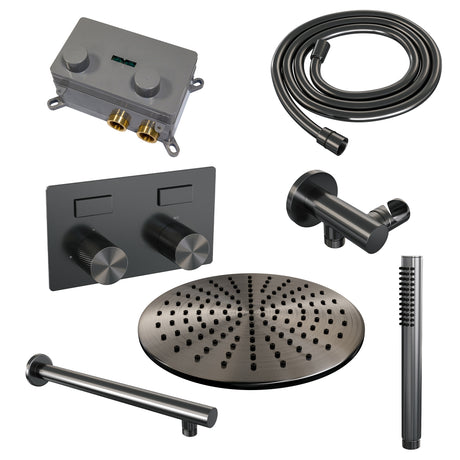 BRAUER Gunmetal Carving thermostatische inbouw regendouche met drukknoppen SET 50 met 30 cm douchekop en rechte muurarm en staaf handdouche en doucheslang en wandaansluitbocht gunmetal geborsteld PVD