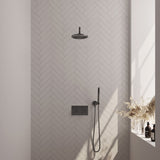 BRAUER Gunmetal Carving thermostatische inbouw regendouche met drukknoppen SET 51 met 20 cm douchekop en gebogen muurarm en staaf handdouche en doucheslang en wandaansluitbocht gunmetal geborsteld PVD