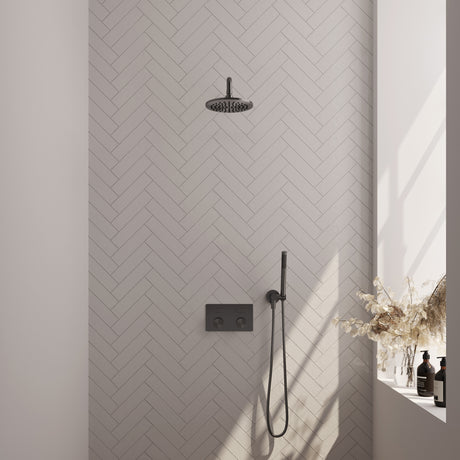 BRAUER Gunmetal Carving thermostatische inbouw regendouche met drukknoppen SET 51 met 20 cm douchekop en gebogen muurarm en staaf handdouche en doucheslang en wandaansluitbocht gunmetal geborsteld PVD