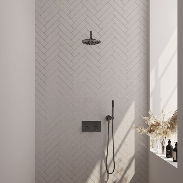 BRAUER Gunmetal Carving thermostatische inbouw regendouche met drukknoppen SET 51 met 20 cm douchekop en gebogen muurarm en staaf handdouche en doucheslang en wandaansluitbocht gunmetal geborsteld PVD