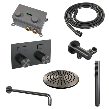 BRAUER Gunmetal Carving thermostatische inbouw regendouche met drukknoppen SET 51 met 20 cm douchekop en gebogen muurarm en staaf handdouche en doucheslang en wandaansluitbocht gunmetal geborsteld PVD