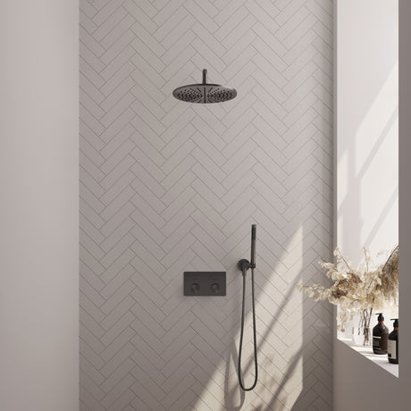 BRAUER Gunmetal Carving thermostatische inbouw regendouche met drukknoppen SET 52 met 30 cm douchekop en gebogen muurarm en staaf handdouche en doucheslang en wandaansluitbocht gunmetal geborsteld PVD