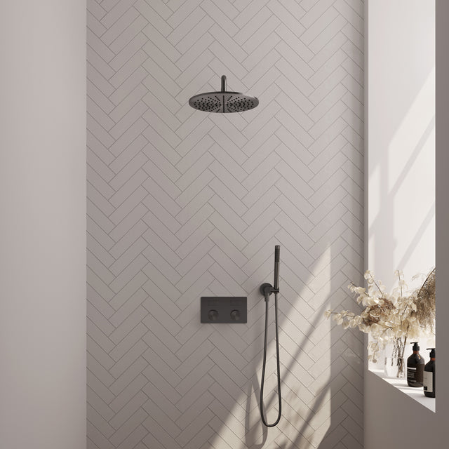 BRAUER Gunmetal Carving thermostatische inbouw regendouche met drukknoppen SET 52 met 30 cm douchekop en gebogen muurarm en staaf handdouche en doucheslang en wandaansluitbocht gunmetal geborsteld PVD