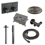 BRAUER Gunmetal Carving thermostatische inbouw regendouche met drukknoppen SET 53 met 20 cm douchekop en plafondarm en staaf handdouche en doucheslang en wandaansluitbocht gunmetal geborsteld PVD