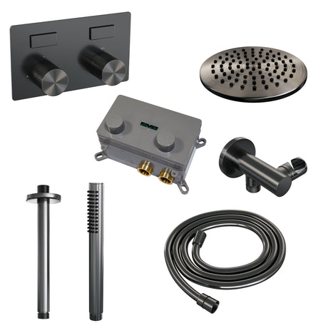 BRAUER Gunmetal Carving thermostatische inbouw regendouche met drukknoppen SET 53 met 20 cm douchekop en plafondarm en staaf handdouche en doucheslang en wandaansluitbocht gunmetal geborsteld PVD
