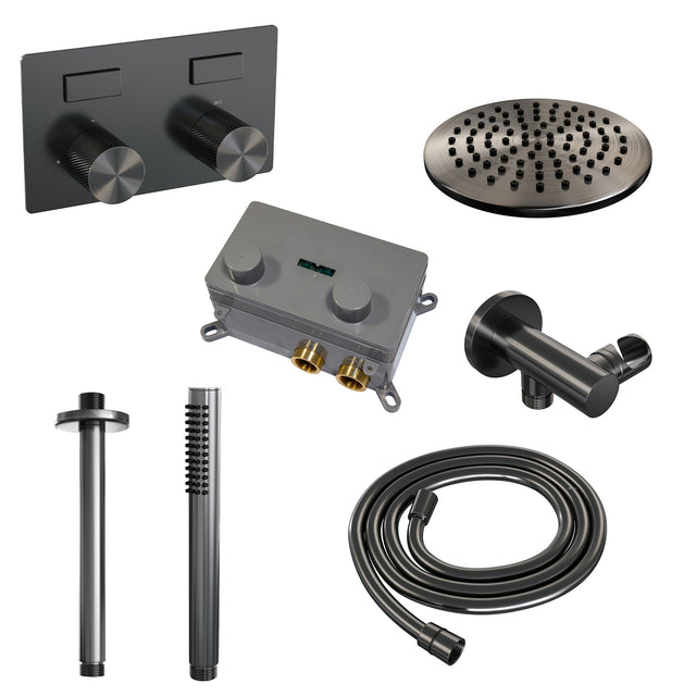 BRAUER Gunmetal Carving thermostatische inbouw regendouche met drukknoppen SET 53 met 20 cm douchekop en plafondarm en staaf handdouche en doucheslang en wandaansluitbocht gunmetal geborsteld PVD