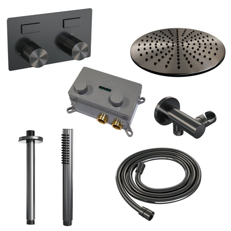 BRAUER Gunmetal Carving thermostatische inbouw regendouche met drukknoppen SET 54 met 30 cm douchekop en plafondarm en staaf handdouche en doucheslang en wandaansluitbocht gunmetal geborsteld PVD