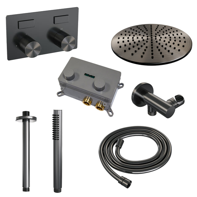 BRAUER Gunmetal Carving thermostatische inbouw regendouche met drukknoppen SET 54 met 30 cm douchekop en plafondarm en staaf handdouche en doucheslang en wandaansluitbocht gunmetal geborsteld PVD