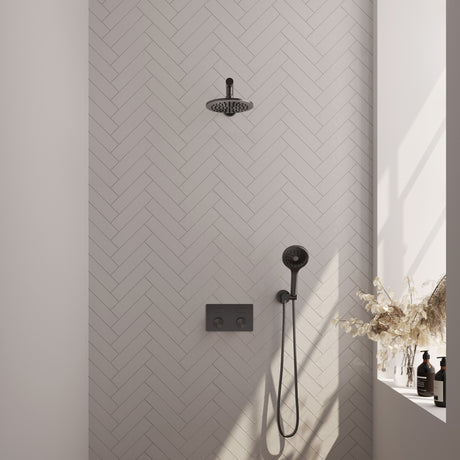 BRAUER Gunmetal Carving thermostatische inbouw regendouche met drukknoppen SET 55 met 20 cm douchekop en rechte muurarm en 3-standen handdouche en doucheslang en wandaansluitbocht gunmetal geborsteld PVD