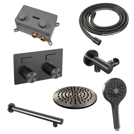 BRAUER Gunmetal Carving thermostatische inbouw regendouche met drukknoppen SET 55 met 20 cm douchekop en rechte muurarm en 3-standen handdouche en doucheslang en wandaansluitbocht gunmetal geborsteld PVD