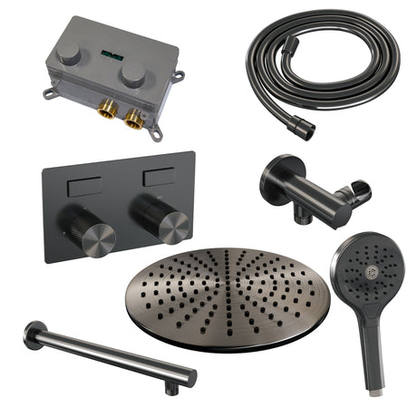 BRAUER Gunmetal Carving thermostatische inbouw regendouche met drukknoppen SET 56 met 30 cm douchekop en rechte muurarm en 3-standen handdouche en doucheslang en wandaansluitbocht gunmetal geborsteld PVD