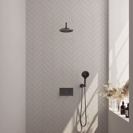 BRAUER Gunmetal Carving thermostatische inbouw regendouche met drukknoppen SET 57 met 20 cm douchekop en gebogen muurarm en 3-standen handdouche en doucheslang en wandaansluitbocht gunmetal geborsteld PVD