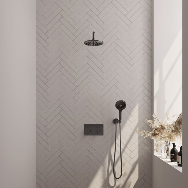 BRAUER Gunmetal Carving thermostatische inbouw regendouche met drukknoppen SET 57 met 20 cm douchekop en gebogen muurarm en 3-standen handdouche en doucheslang en wandaansluitbocht gunmetal geborsteld PVD