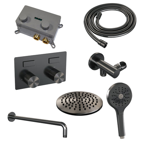 BRAUER Gunmetal Carving thermostatische inbouw regendouche met drukknoppen SET 57 met 20 cm douchekop en gebogen muurarm en 3-standen handdouche en doucheslang en wandaansluitbocht gunmetal geborsteld PVD